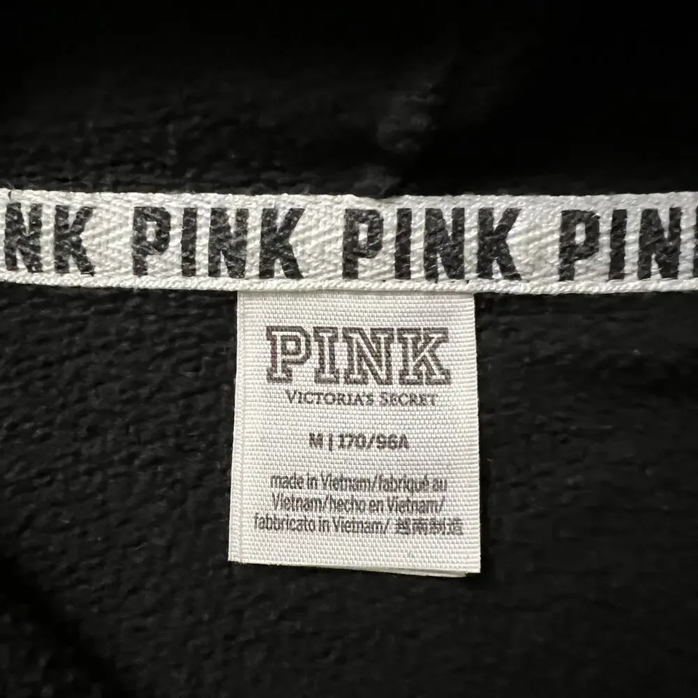 PINK Victoria's Secret Women's M Cropped Hoodie Black Velvet Logo Lace Y2K